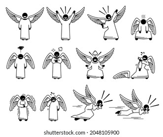 God angel feelings, emotions, and actions stick figure pictogram icons. Vector illustrations depict angel feeling happy, sad, angry, scared, pain, and shouting. 