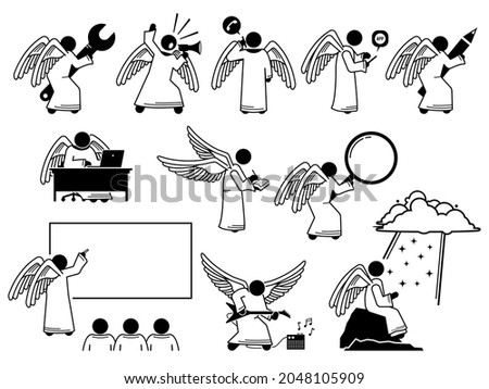 God angel using and holding different kind of objects stick figure pictogram icons. Vector illustrations depict angel holding and using spanner, phone, pencil, book, computer, guitar, and writing.