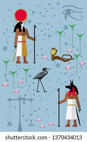 God Anubis and God RA against the starry sky, surrounded by Lotus flowers, vector clip art on the theme of Egyptian mythology