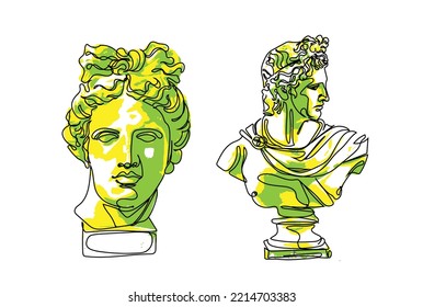 God Apollo bust sculpture one line illustration Art.Vector 