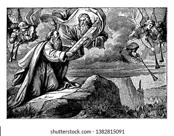 God appeared in a cloud and handling the New Law on tablets of stone to Moses who sat on knees on Sinai Mountain. Angels could be seen there, vintage line drawing or engraving illustration.