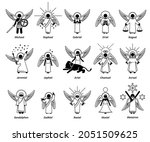 God archangels, angels, cherub cherubim, and saint. Vector illustrations depict list of Christian archangels or angels from heaven. 