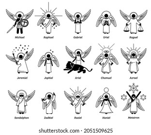 God archangels, angels, cherub cherubim, and saint. Vector illustrations depict list of Christian archangels or angels from heaven. 