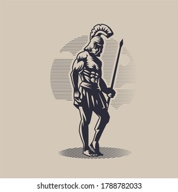 God Ares or Mars. A man in a helmet with a spear in his hand.