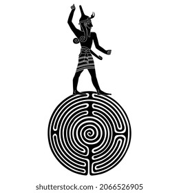 God Baal standing on top of a round spiral maze or labyrinth symbol. Ugarit Canaan Hittites culture. Creative concept. Mysteries of the past. Black and white silhouette. 