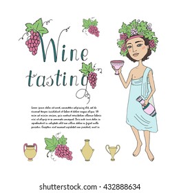 God Bacchus. Invitation to toga party, wine tasting. Lovely character on a white background with grapes and antique jugs and glasses. Cute illustration on cartoon style