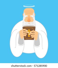 God and Bible. Gray-haired old man with halo. Holy book