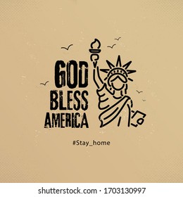 God bless america from corona virus with liberty statue vector, stay home