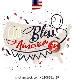 God Bless America. Greeting card design with amrica map on background. Vector Eps10.