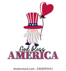 God bless America. Hand drawn american patriotic gnome holding heart shaped balloon. Happy Independence day. Vector illustration for greeting card, t shirt printing