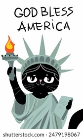 god bless America happy character cat, Cute statue of liberty black cat, cartoon vector illustration. I love New York card, sticker or banner, 4 july card, independent day, flag of USA