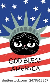 god bless America happy character cat, Cute statue of liberty black cat, cartoon vector illustration. I love New York card, sticker or banner, 4 july card, independent day, flag of USA