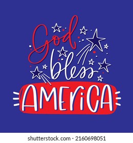 God bless America, Independence day calligraphy phrase on dark night sky background with stars in white, red and navy colors of US flag. Colorful vector design for the 4th of July banner or card.