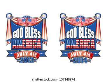 God Bless America July 4th with Swag Banner, Bald Eagle and Stars and Stripes editable vector graphic, 2013, 2014.