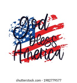 God Bless America on texture american flag. Typographic Script quote for Independence day 4rh of july. Vector illustration. Motivational phrase. Patriotic saying. T-shirt design, poster, web banner