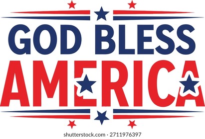 God Bless America Typography – Red and Blue Capital Letters with Decorative Stars and Lines