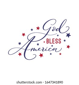 God bless America. Vector Typography hand drawn lettering.Illustration with american flag colors. T-shirt print.