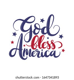 God bless America. Vector Typography hand drawn lettering.Illustration with american flag colors. T-shirt print.