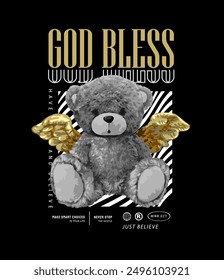 god bless slogan with black and white bear doll and golden wings graphic vector illustration on balck background