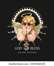 god bless slogan with cute angel on gold keychain frame vector illustration on black background