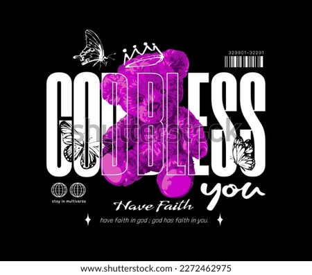 god bless slogan with invert color bear doll and butterflies vector illustration on black background