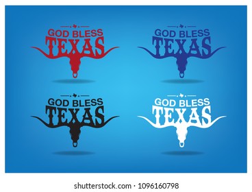 God Bless Texas Logo Design With Map And Longhorn, Vector EPS 10.