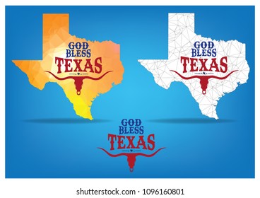 God Bless Texas Logo Design With Map And Longhorn, Vector EPS 10.