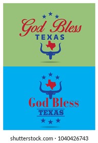 God Bless Texas with Map and longhorn Collection, Vector EPS 10