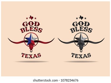 God Bless Texas With Star And Longhorn, Vector EPS 10.