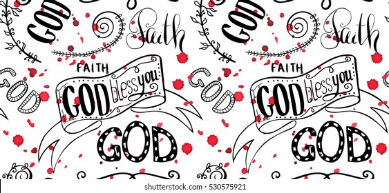 God bless you. Bible lettering. Brush calligraphy. 
Hand drawing illustration.  Words about God. Seamless vector pattern.
