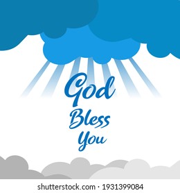 God bless you text typography with blue and gray clouds with sun rays