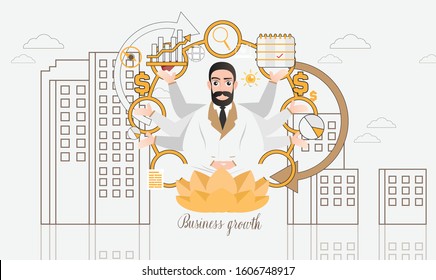 God Of Businessman Character And Circle Icon With Lotus Paper And Growth Of Business In Strategy Concept. Buildings Of Company Small, Middle And Big. Sketch Line Flat Design Of Commerce Architecture.