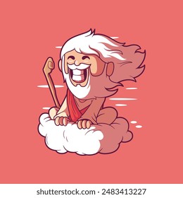 God character riding a cloud smiling vector illustration. Faith, mascot, funny design concept.