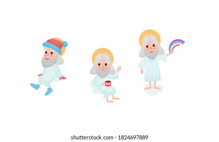 God Character Sitting on Cloud Drinking and Holding Rainbow Vector Illustration Set