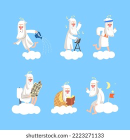 God Character with White Beard and Halo Creating in Heaven on Fluffy Cloud Vector Set