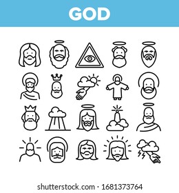 God Christian Religion Collection Icons Set Vector. Christianity And Catholic God, Heaven And Hand From Cloud, All-seeing Eye And Jesus Concept Linear Pictograms. Monochrome Contour Illustrations