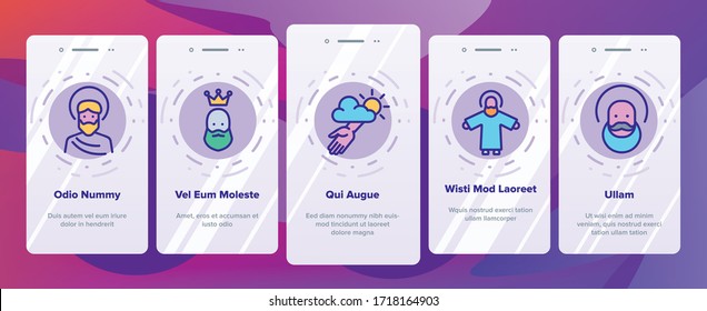 God Christian Religion Onboarding Icons Set Vector. Christianity And Catholic God, Heaven And Hand From Cloud, All-seeing Eye And Jesus Illustrations