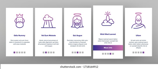 God Christian Religion Onboarding Icons Set Vector. Christianity And Catholic God, Heaven And Hand From Cloud, All-seeing Eye And Jesus Illustrations