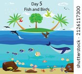 God created all kinds of fish and all kinds of birds on the fifth day. God sees all it is good.