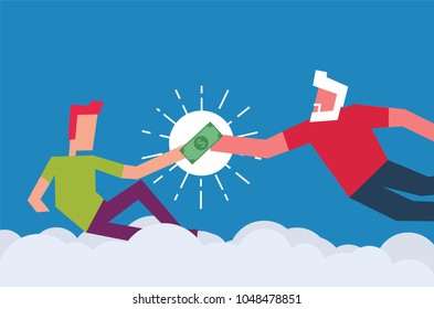 God Creating Adam Concept. Man giving Money to another person. Vector Illustration of men and Dollar Currency Banknote. 