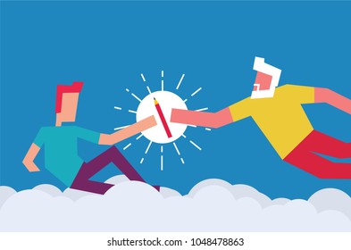 God Creating Adam Concept. Man giving Pencil to another person. Vector Illustration of two men and a Pencil. 