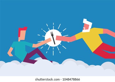 God Creating Adam Concept. Man giving a Fork to another person. Vector Illustration of two men and Fork / Cutlery. 