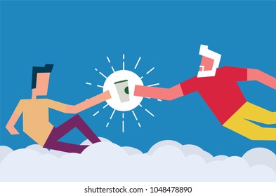 God Creating Adam Concept. Man giving Coffee to another Person. Vector Illustration of two men and Coffee in Paper Cup. Monday Motivation.
