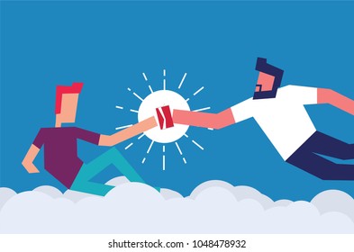 God Creating Adam Concept. Man giving Soda Can to another person. Vector Illustration of two men and a Soda Can. 