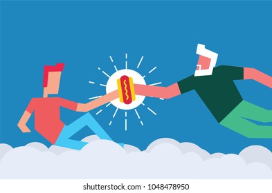 God Creating Adam Concept. Man giving hot dog to another person. Vector Illustration of two men and hot dog. 