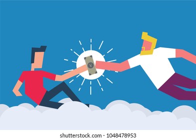 God Creating Adam Concept. Man giving Money to another person. Vector Illustration of two men and Japanese Yen Currency Banknote. 
