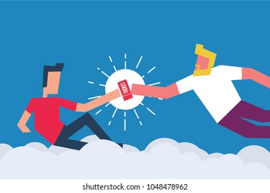 God Creating Adam Concept. Man giving a Ticket to another person. Vector Illustration of two men and a Ticket for Concert / Bus / Movie / Event