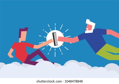 God Creating Adam. Man giving comb to another person. Vector Illustration of two men and comb. Barber / Hair Stylist Concept