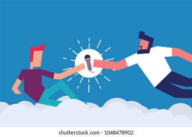 God Creating Adam. Man giving mic to another person. Vector Illustration of two men and a mic. Standup / Open Mic /Poetry Night / Karaoke Concept Poster