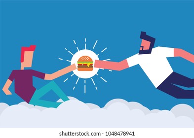 God Creating Adam. Man Giving Burger To Another Person. Vector Illustration Of Two Men And Burger. Foodie Concept. Love Burger